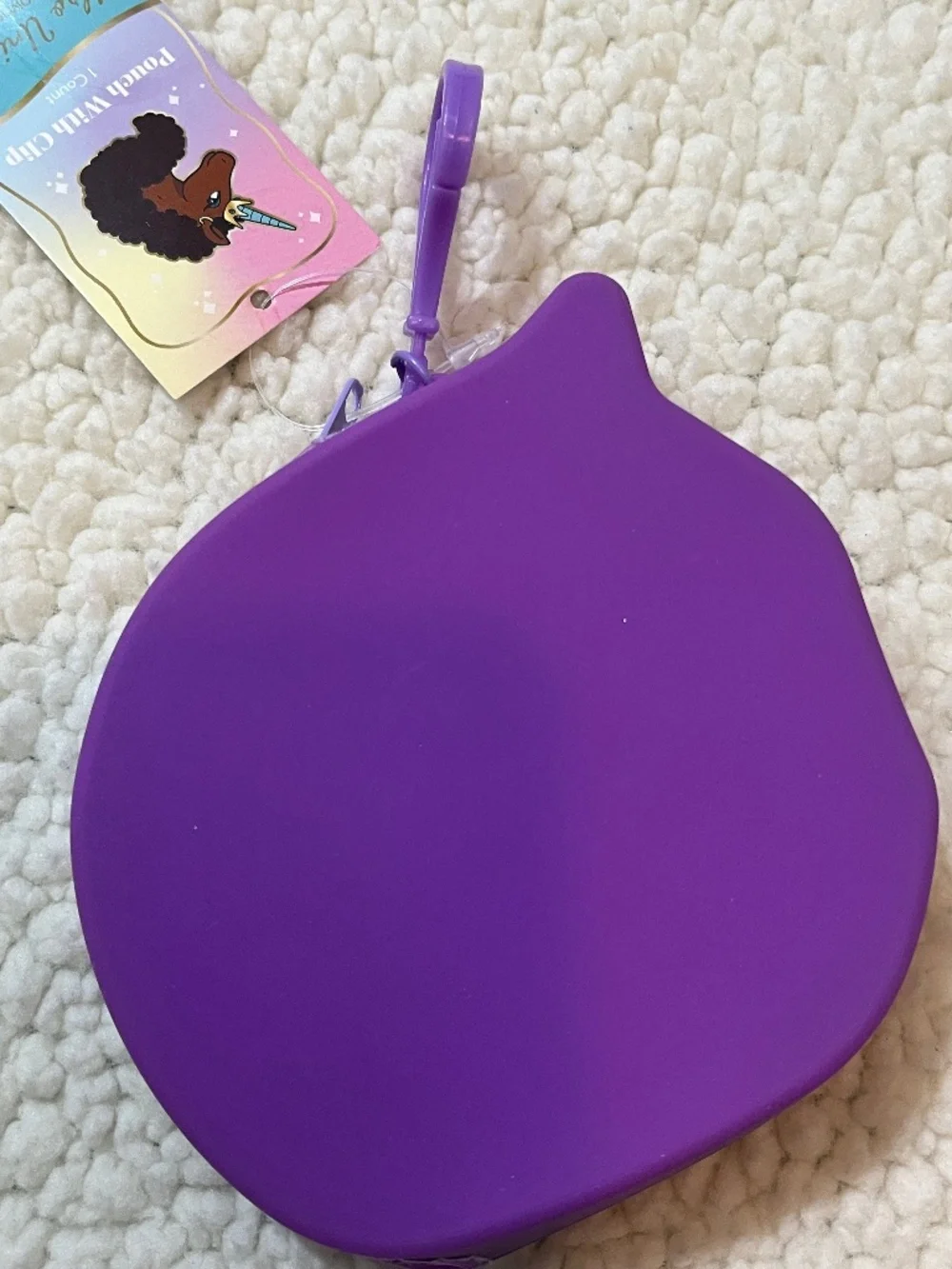 Afro Unicorn™ PURPLE Zip Coin Pouch w/ Clip NEW- dark skin tone